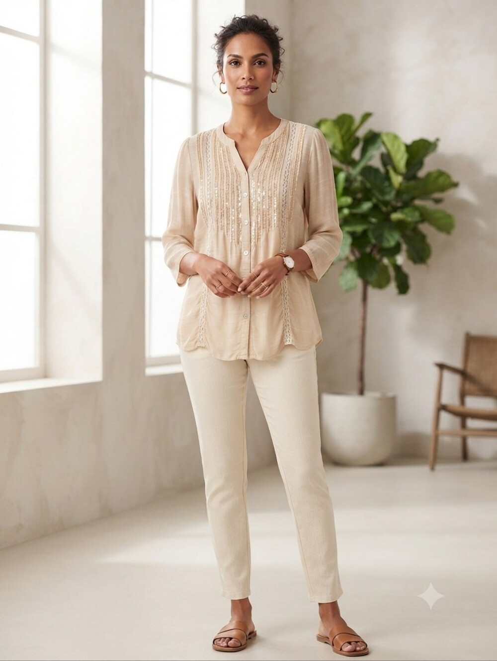 Chico's Beige Semi-Sheer Rayon V-Neck Sequin Front Blouse Sz 0 (US Sm) Buttons